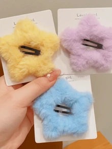 9 Pieces Korean Style Fluffy Beige Coffee Simple Star Hair Clips, INS Style Girl Plush Pentagram Side Clips, Cute Hair Accessories - Multicolor - View 4
