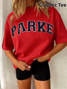 2026 Unisex Casual "PARKE" Letter Print Loose Pullover Sweatshirt, Encountering Lazy Fashion.Casual Daily Wear,Winter Clothes For Women,Clothes,Hoodie,Tops,Spring Break,Long Sleeve Tops Women - 紅色 - 查看 2