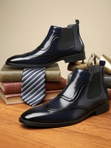 QRLQRL 1 đôi bốt Chelsea nam mũi tròn, cổ trung, buộc dây, chất liệu da PU, đế cao su, gót phẳng, kiểu dáng công sở thường ngày. - Màu xanh lam - Xem 2