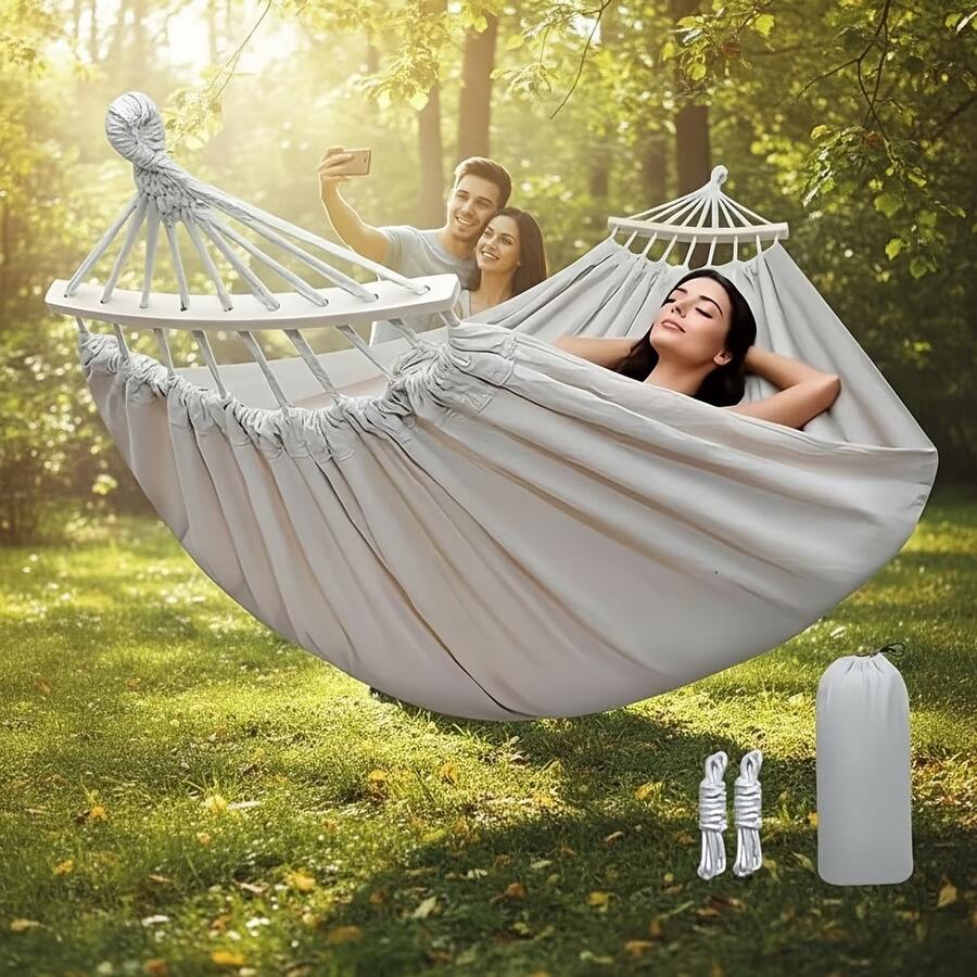 1pc Thick Outdoor Hammock With Wooden Rods - Reinforced Nylon Rope, Suitable For Yard, Garden, Park - Double Person Hanging Chair Swing, Balcony Multifunctional (Frame Not Included) - A - View 1