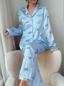 Dreamivo 2pcs/Set Women Blue Striped Long Sleeve Pajama Set - Sky Blue - View 4