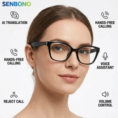 SENBONO Senbo KI-Übersetzungsbrille, diese Brille unterstützt HD-Audio, Freisprechfunktion, eingebautes Mikrofon für bequemes Musikhören und Anrufmanagement, geeignet für Büro, Geschäft, Reisen und andere Szenarien als modisches kabelloses Brillen-Headset