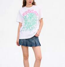 Sp5der Worldwide Web Tee Pink Green Spider Web Print T-Shirt Streetwear Hip Hop Oversized Top - trắng - Xem 2