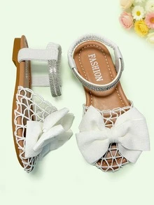 1双夏季儿童凉鞋，白色套脚凉鞋，网眼蝴蝶结水钻鞋，清新百搭的公主鞋，适合宴会、聚会、派对、婚礼、度假等场合。 - 白色 - 查看 4