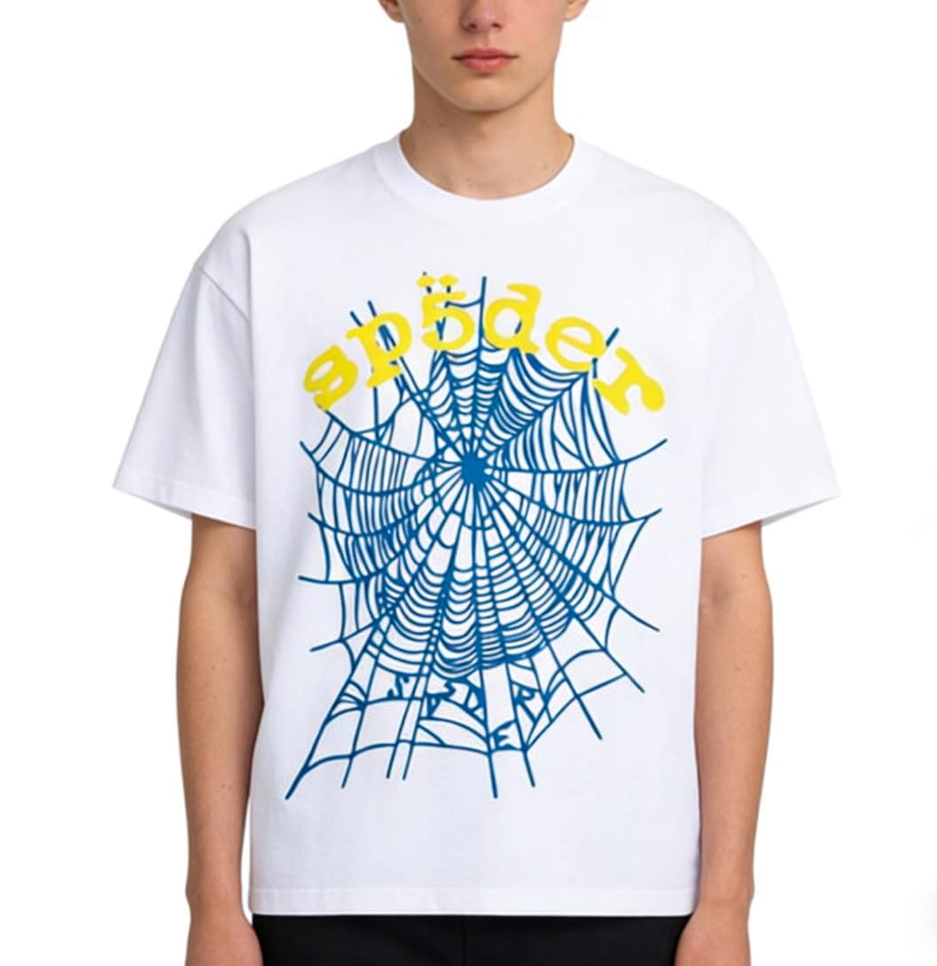 Sp5der Worldwide Web Tee Pink Green Spider Web Print T-Shirt Streetwear Hip Hop Oversized Top - trắng - Xem 1