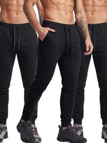 Kit 3 Men's Jogger Sweatpants With Pocket Skinny Plain Lightweight Comfortable - 黑色 - 查看 1