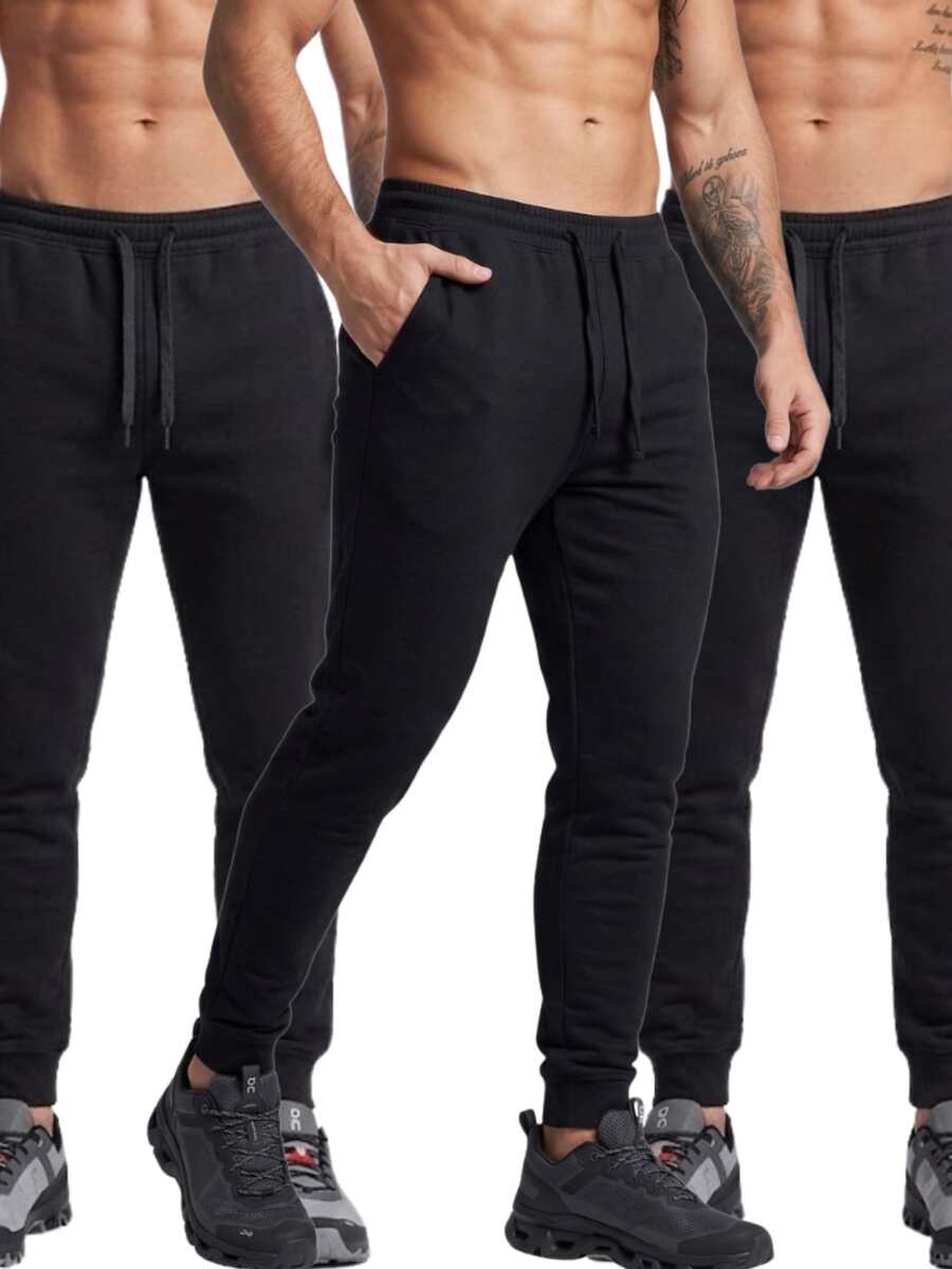 Kit 3 Men's Jogger Sweatpants With Pocket Skinny Plain Lightweight Comfortable - 黑色 - 查看 1