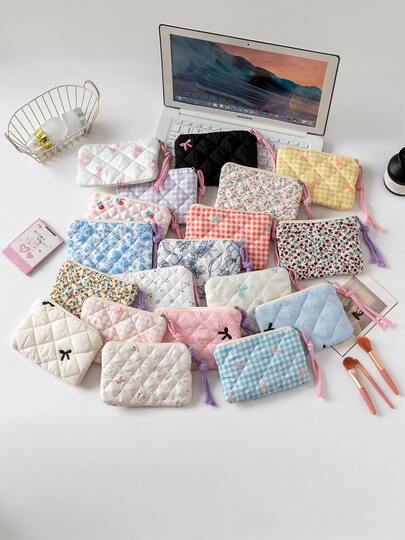 1个花卉图案绗缝口红收纳袋，女士化妆品收纳袋，耳机，数据线，化妆包，钱包