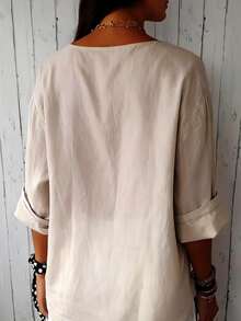 女士翻领纽扣细节梭织衬衫，宽松版型，春季款 - 杏色 - 查看 2