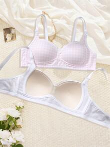 2pcs Women's Cute Plaid Print Wireless Padded Bra, Sweet Lace Trim Wireless Bra Suitable For Small Bust Daily Wear - Multicolor - View 2