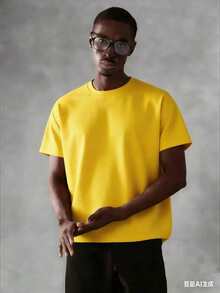 Oversized Boxy Cut Short Sleeve Jersey T Shirt Casual Crop Fit Streetwear Modern Minimalist All Season Essential Top-Comfortable Retro Cotton T-Shirt-K912026 New Men's Spring/Summer Casual Resort Wear Versatile Pure Cotton T-Shirt - 黃色 - 查看 3