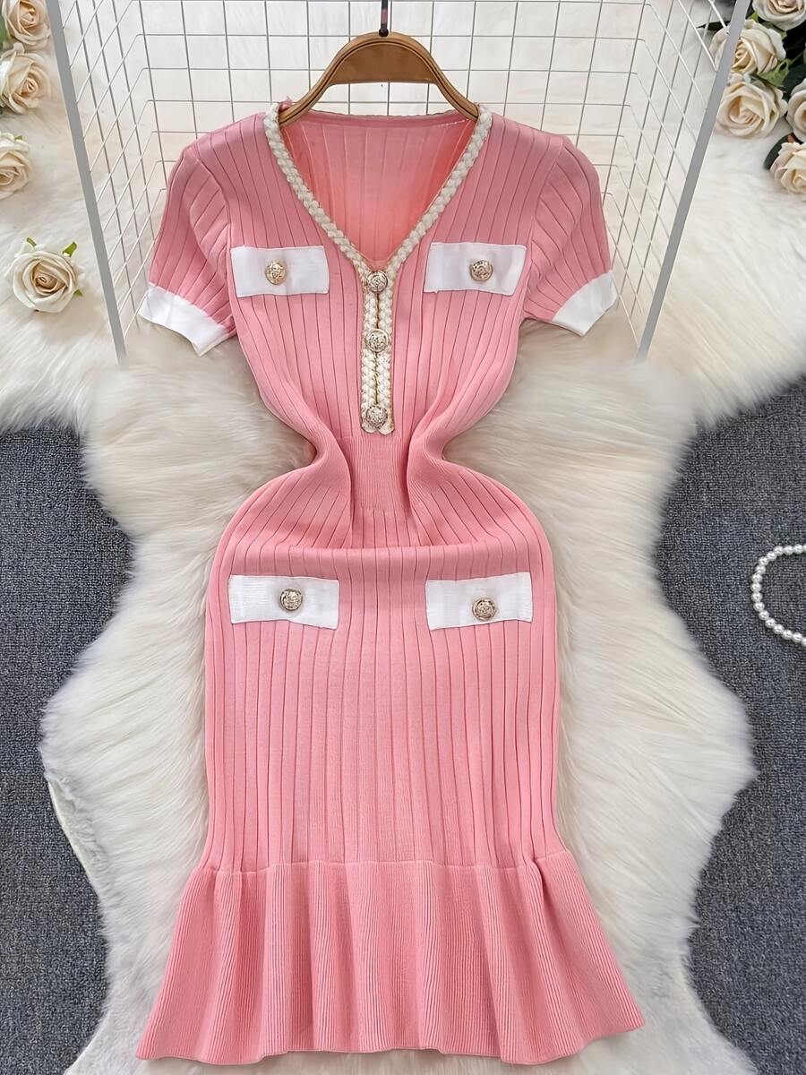 Summer New Women's Dress, Elegant Fitted Waist V-Neck Short Sleeve Knit Dress, V-Neck Slim Fit Sweater Dress, Graceful Goddess Style Bodycon Dress, Mature Commuting Outfit, Party Dress Pink - Pink - View 1