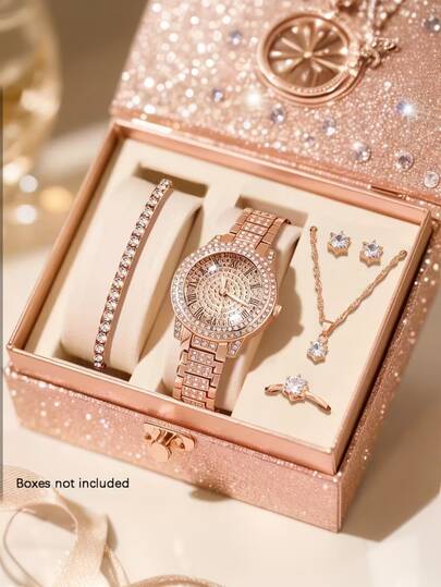 6件套女士优雅精致时尚镶钻罗马石英表套装，搭配闪亮项链、手链、戒指、耳环首饰，适合女性在派对、聚会、度假、旅行、生日/节日、日常佩戴，也是情人节/母亲节送给女友/母亲的完美礼物。