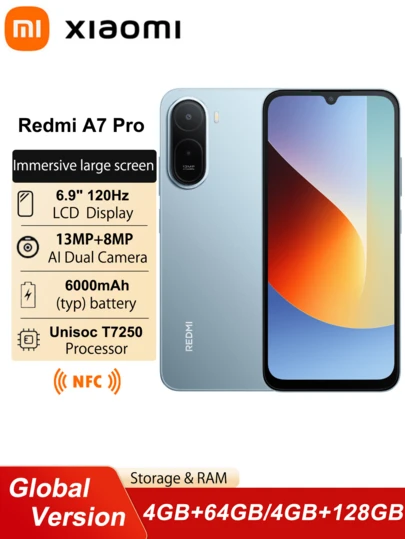 Xiaomi Redmi A7 Pro NFC 全球版智能手机，6.9 英寸大屏，6000mAh 大容量电池，支持 15W 快充，搭载小米 HyperOS 系统，配备 1300 万像素 AI 双摄像头。
