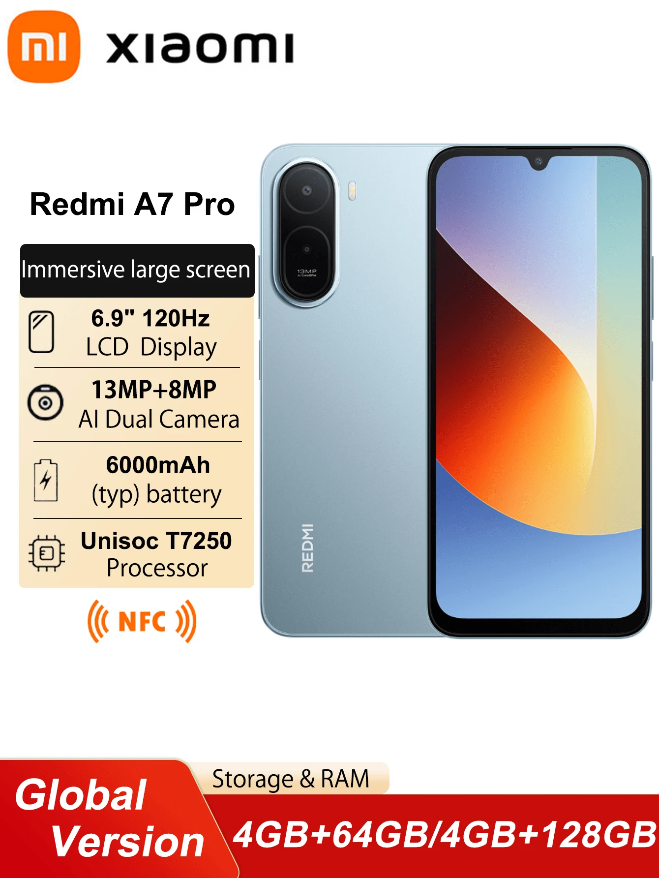 Redmi A7 Pro NFC 全球版智能手机，6.9 英寸大屏，6000mAh 大容量电池，支持 15W 快充，搭载小米 HyperOS 系统，配备 1300 万像素 AI 双摄像头。 - 藍色 - 查看 1