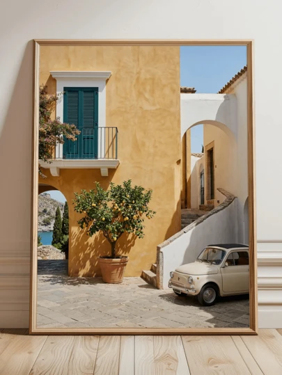 1pc Canvas Wall Art, Framed Wall Decor, Mediterranean Lemon Tree Wall Art, Vintage Car Poster, Italian Summer Decor, Amalfi Coast Travel Photography, Boho Kitchen And Dining Room Art, Fashionable Home Decor, Room Decoration, Dorm Decor, Bedroom, Living Room, Bathroom, Kitchen, Holiday Gift, Summer Decoration
