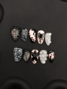 Handmade Nails Almond Shaped Dark Style Heart-Shaped Metal Rose Three-Dimensional Flower Press On Nails For Daily Wear - Multicolor - View 3
