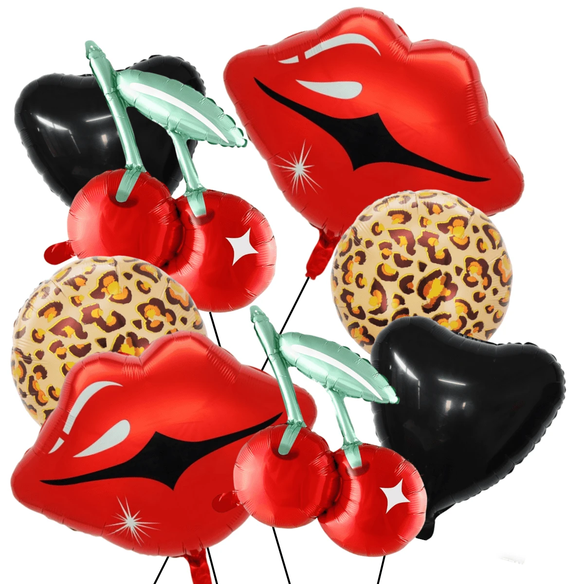 kumozawa 8pcs Black And Red Foil Balloon Set, Cherry Print, Red Lips, Leopard Pattern And Black Heart Balloons, Suitable For Bachelorette Party Decoration, Kiss The Miss Goodbye, Women's Birthday Baby Shower, Applicable For Women's Birthday Party, Bachelorette Party, Bow Tie Theme And Jungle Animal Theme Party Decoration - Multicolor - View 1