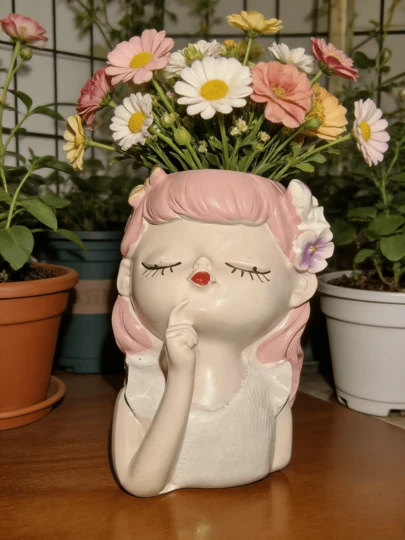 1个可爱粉色头发女孩造型花盆，带花卉装饰 - 异想天开的树脂多肉植物和鲜花花瓶，适用于家居和花园