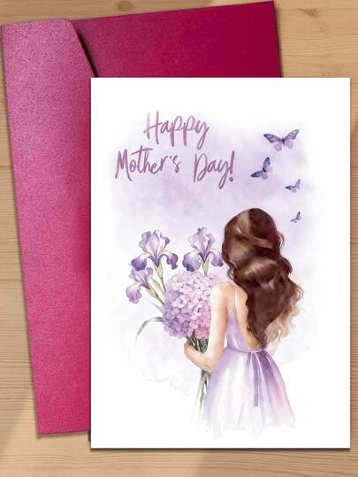 Happy Mother's Day! Elegant Watercolor Mother's Day Greeting Card With Dreamy Purple Tones, Featuring A Silhouette Of A Young Woman And A Bouquet Of Irises And Hydrangeas. Suitable For Children To Give To Mothers, Grandmothers, And Other Female Elders. (Includes 1 Card And 1 Envelope, 4.3" X 6.3")
