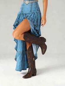 Women's Western Cowgirl Cowboy Boots, Embroidered Knee High Side Zipper, Chunky Heel Vintage Distressed Retro Style, Spring Summer Shoes Festival Gift Holiday Party Vacation Outdoor Boots - Rỉ Nâu - Xem 1