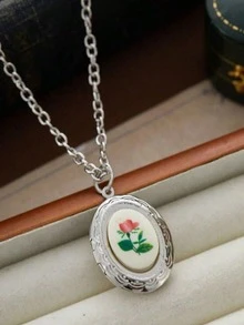 1 pièce Collier pendentif avec motif floral ovale de style gothique rétro pour femmes, accessoire de tous les jours, cadeau de bijoux pour la remise des diplômes, la fête des enseignants, les amis - collier - Voir 4