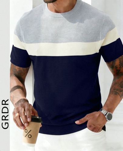 GRDR Camiseta de punto de manga corta con cuello redondo, diseño de parches a rayas para hombre - Uso casual versátil y minimalista