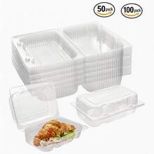 50个/100个装便携式透明塑料食品容器，带盖，尺寸为7.2英寸×4.7英寸×3英寸，适用于厨房，可盛放甜点、蛋糕片、桃子糕点、汉堡、沙拉、糕点、意大利面、三明治、热狗、薯条、瑞士卷和其他外卖食品。 - 透明色 - 查看 11