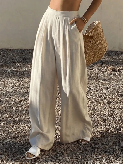 Damen Lässig Beige Gerade Bein Hose von HoloChill, Gummibund, gewebter Stoff, mit Taschen, bequem weite Passform, geeignet für Damen Sommer, Urlaub, Party, Strandurlaub, elegante Lässig Kleidung