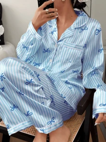 Dreamivo 2pcs/Set Women Blue Striped Long Sleeve Pajama Set - Sky Blue - View 1