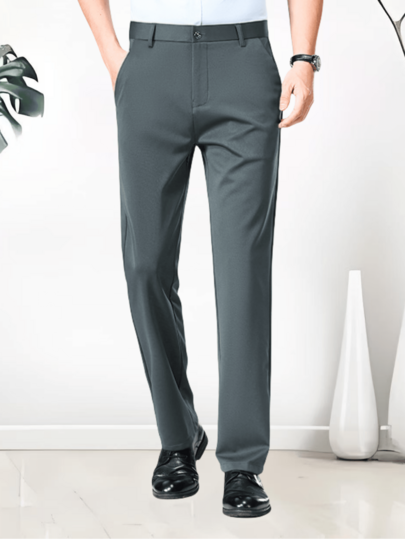 Men's Classic Design Trousers, Solid Color Elastic Formal Pants Suitable For Spring And Summer Occasions, Elegant Luxury Style