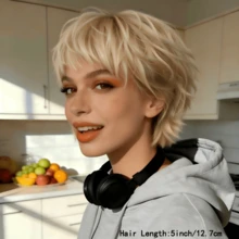 Short Pixie Cut Human Hair Wig Honey Blonde With Bangs Layered Straight Style 180% Density Brazilian Remy, Real Human Hair, 5inch Layered Straight Bob Wigs, Shaggy Short Straight Layered Wig, Breathable Cap Wig, Easter, Mother's Day Decorations, Music Festival/ Wedding Season, Easter & Mother's Day - Blonde - 查看 4