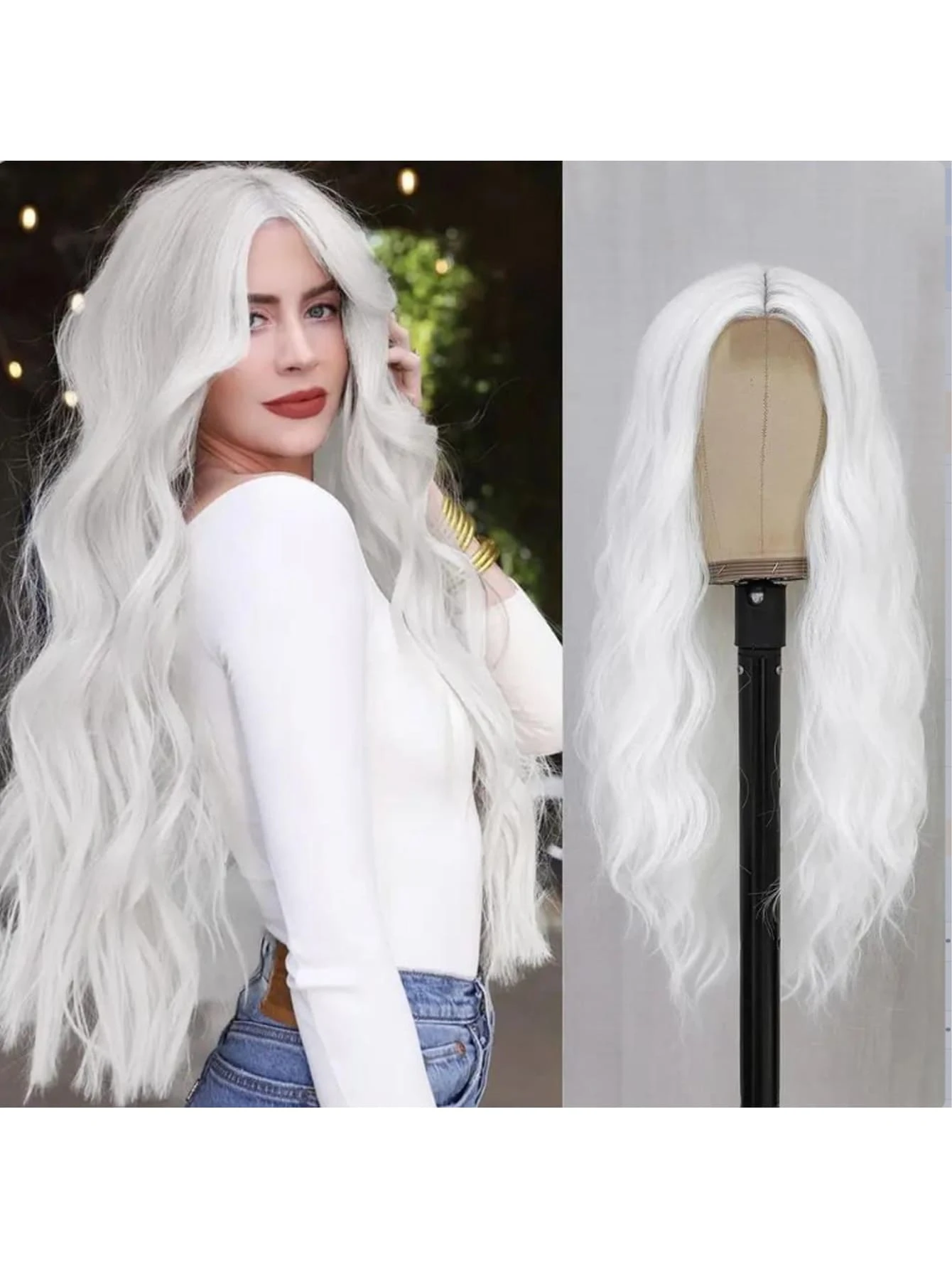 白色合成假发，女士长款蕾丝卷发波浪可爱假发，中分假发，万圣节角色扮演日常派对假发，28英寸