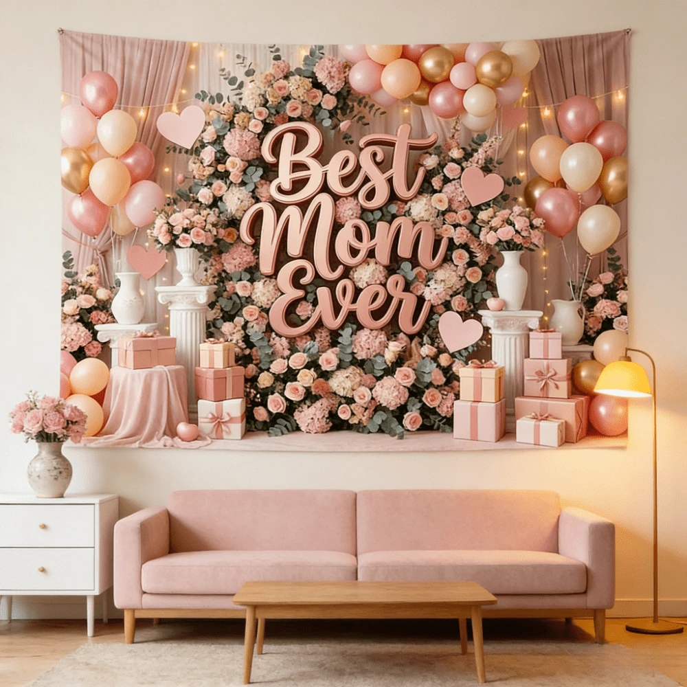 1pc 2D Flat Print Best Mom Ever Backdrop, 3D Effect Rose Gold Letter Floral Wall Background, Mom Birthday Backdrop, Mother's Day Party Photo Studio Props, For Outdoor Garden Decoration, Indoor Room Decoration, Durable Home Decor, Festival Decor, Perfect Gift For Mom - Màu 1 - Xem 1
