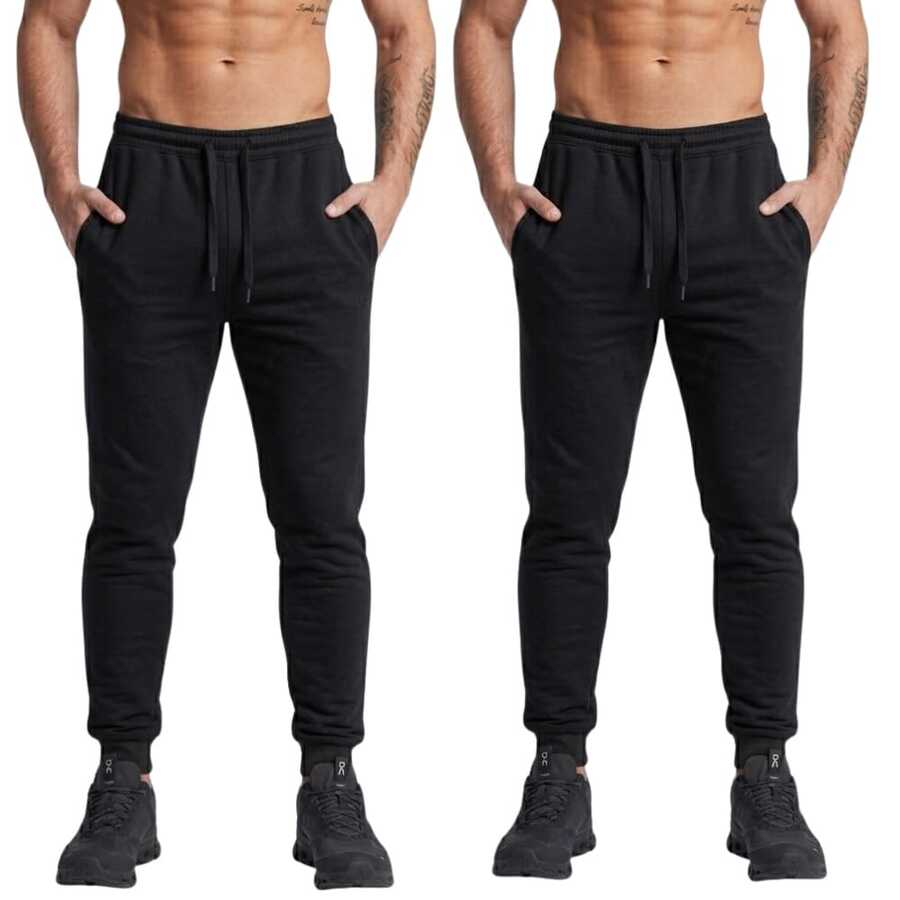 Kit 2 Calça Moletom Com Bolso Slim Jogger Masculina Básica Casual Estilosa Conforto Corrida Adulto Peluciada - Preto - Visão 1