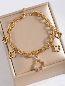 1件优雅经典镂空全镶钻四叶草钛钢手链，轻盈奢华时尚双层百搭幸运四叶草 - 金黃色 - 查看 3