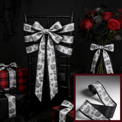 Cinta de satén de doble cara con rosa blanca y negra con borde negro de 5 cm, adecuada para decoración de respaldos de sillas, decoración de fiestas, cinta para cajas de regalo con flores, cinta decorativa hecha a mano para manualidades, cinta decorativa para lazos y decoración de postres