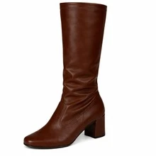 LAZZLU SHOES Women's Stretch High-Top Boot With Square Toe And Chunky Heel By Lazzlu - Rust Brown - View 3