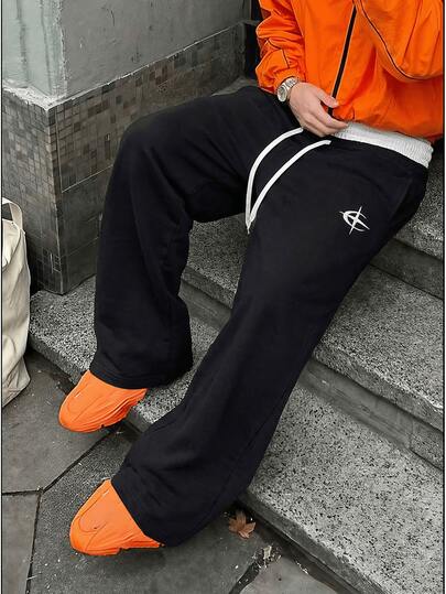Retro American Embroidered Wide-Leg Pants, White Drawstring Loose Sweatpants, Streetwear Sports Trousers