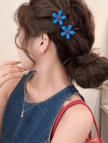 3 piezas de clips para el cabello con flores de estilo coreano en contraste de color rojo y azul, clips para el flequillo lateral para mujeres, clips de caimán de temperamento dulce para el cabello rebelde de la frente - Azul - Ver 2