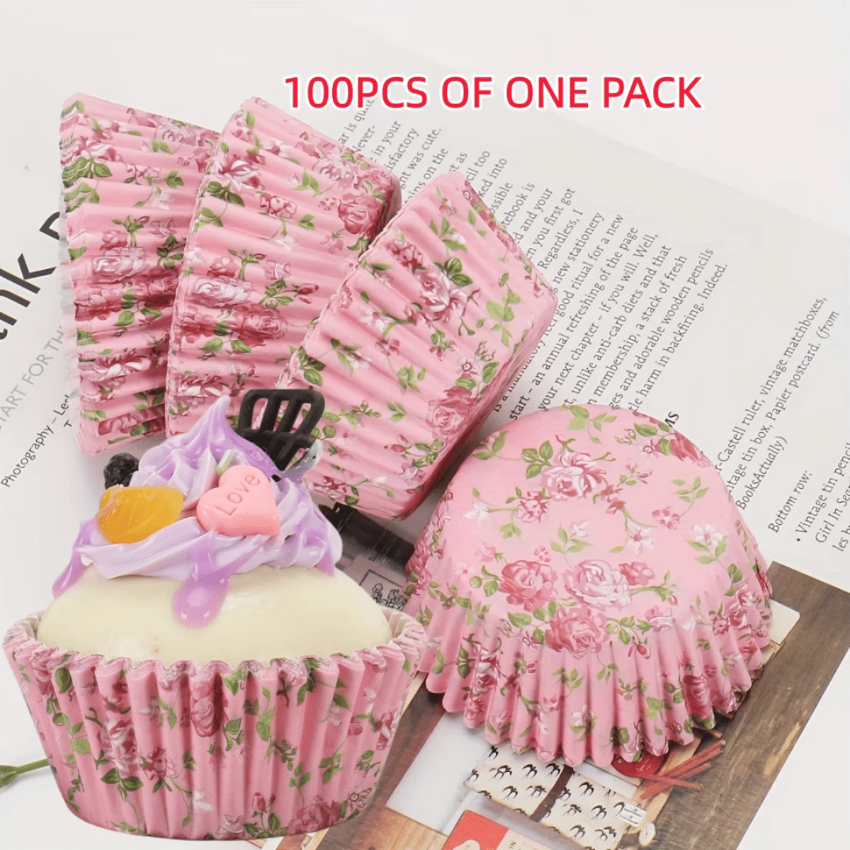 100个母亲节主题甜点纸杯，蛋糕纸衬垫，适合朋友聚会，防油粉色康乃馨图案纸杯蛋糕衬垫套装 - 查看 1