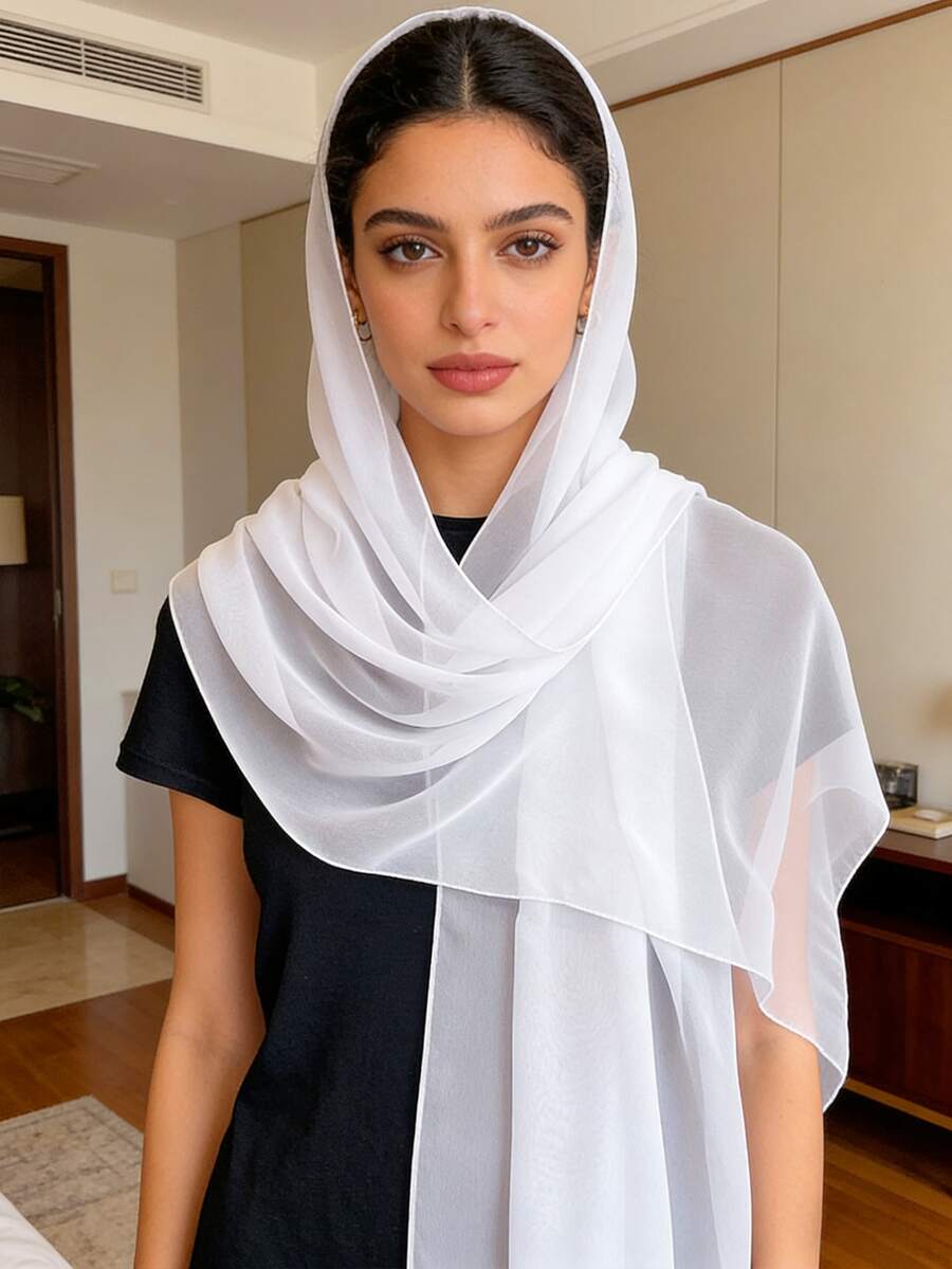 1pc Women's Classic Solid Color Chiffon Scarf, Versatile Silk Scarf For Spring - White - View 1