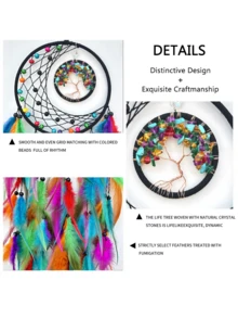 1 pièce Attrape-rêves avec perle de lune et design de l'arbre de vie, décoration murale en plumes faite à la main, ornement de style nordique pour la chambre - Multicolore - Voir 2