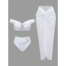 2026 New White Bikini Set For Women - Three Piece Swimsuit, Off Shoulder Bandeau Top, High Waisted Bottom, Sarong Cover Up; Starfish Detail, Summer Beach Swimwear - 白色 - 查看 8