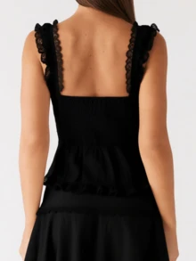Women Y2K Button Front Tank Top Cute Solid Color Lace Trim Frilled Crop Vest  Vintage Rfuffled Hem Slim Fit Camisole Summer Streetwear Going Out Coquette Blouse - 黑色 - 查看 2