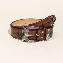 Bộ 3 chiếc thắt lưng da PU kiểu phương Tây cổ điển họa tiết hoa, tối giản và đa năng. - Cà phê - Xem 7