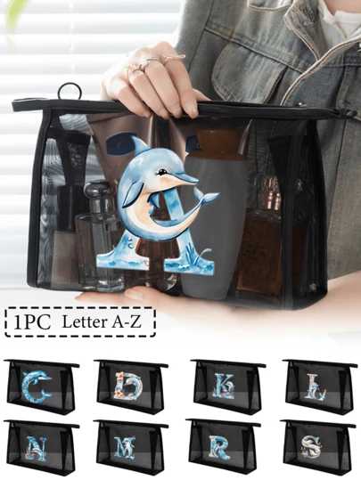 1 pièce Sac en maille noire, imprimé avec des motifs thématiques océaniques. Sac de rangement cosmétique en maille transparente, grande capacité, sac de voyage multifonctionnel portable. Sac de rangement pour produits de soins de la peau et de maquillage, sac de rangement pour articles de papeterie pour étudiants, sac à fermeture éclair en maille. Sac de rangement et d'emballage cosmétique de voyage, simple et avancé, sac de rangement pour bijoux. Convient pour le logement, les voyages, les affaires, la natation, le stockage à la maison. Très adapté pour le bureau, le collège, le travail, les déplacements, l'extérieur, les voyages, les sorties.