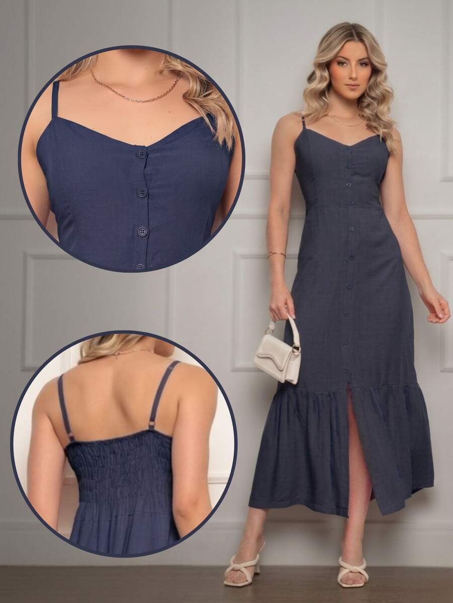 Elegant Women's Long Dress With Padded Cups, Lining, Adjustable Straps, And Front Buttons - 藏蓝色 - 查看 1
