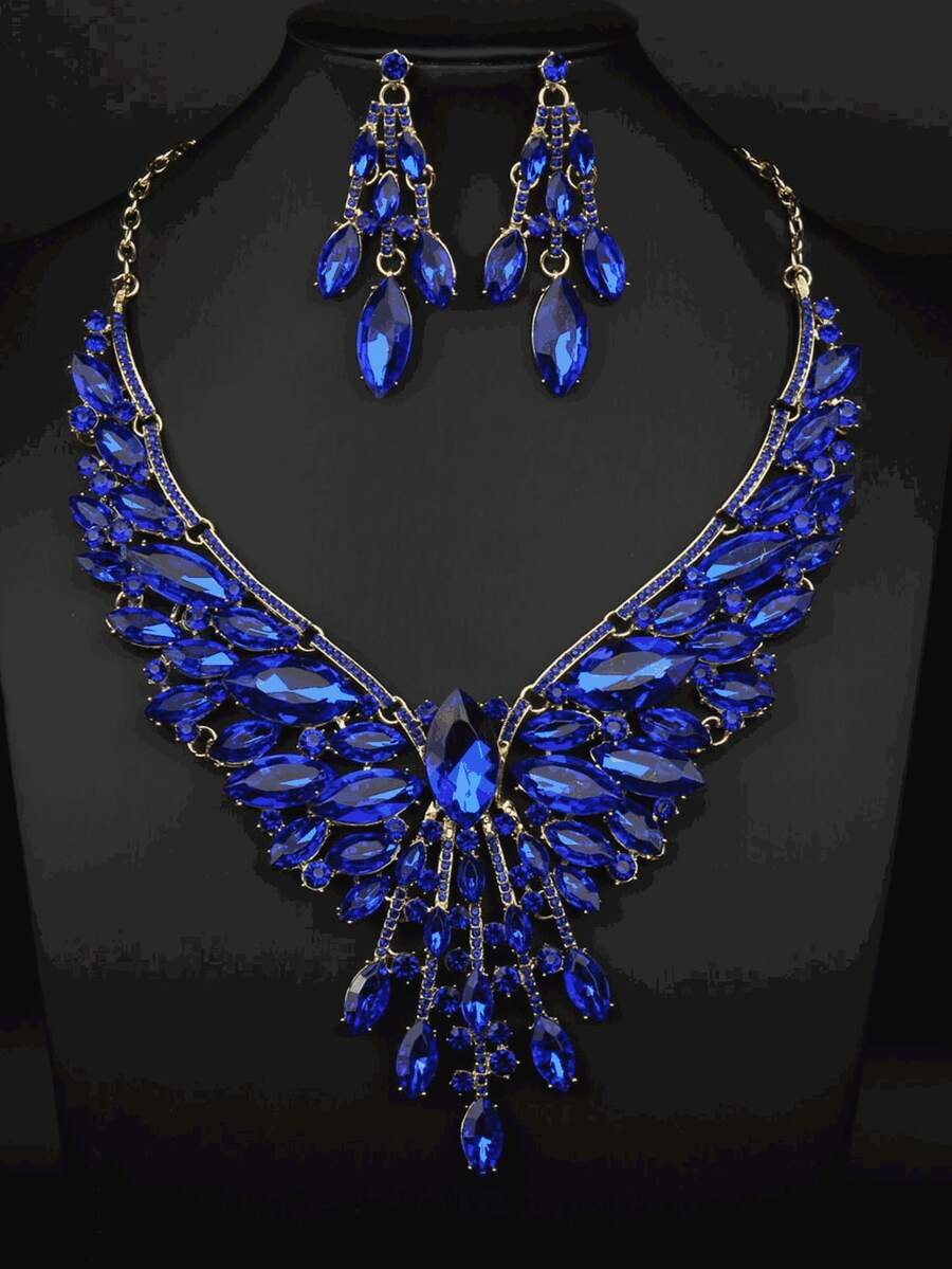 3-Piece/Set Of Fashionable And Luxurious European And American Style Exaggerated Crystal Gemstone Necklace And Earring Set, Perfect For Banquets, Wedding Dresses, And Other Women's Accessories, Showcasing A Noble Status And Fashion Items. - 藍色 - 查看 1