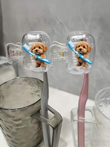 可爱泰迪熊手持蓝色牙刷图案便携式牙刷盖，兼具收纳盒、牙刷保护套的功能，是居家、商务旅行、日常使用和户外旅行的必备浴室配件，小巧便携，兼具装饰性。 - 彩色 - 查看 3